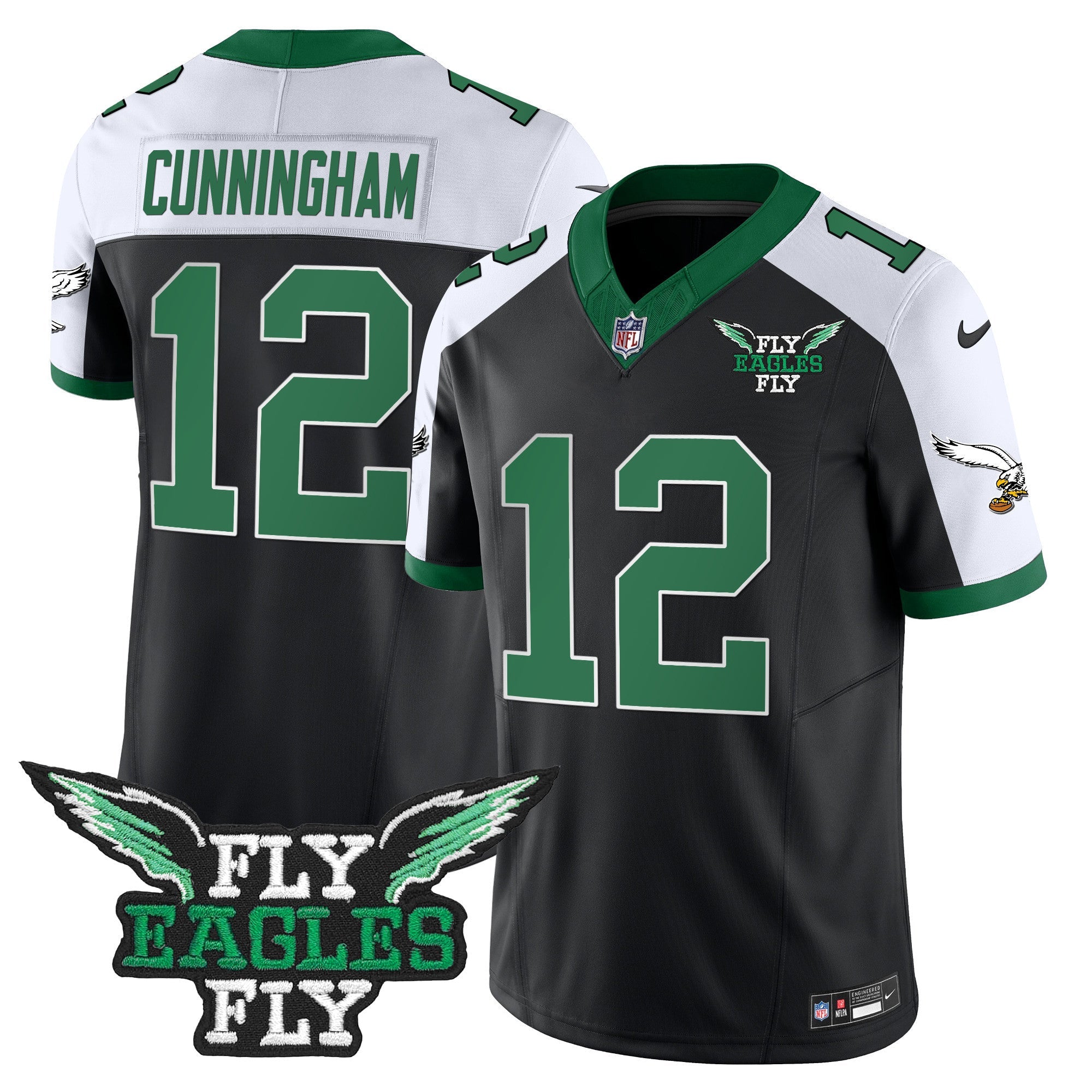 Fly Eagles Fly Patch Throwback Kelly Green Vapor Jersey – All Stitched – Black Alternate – Randall Cunningham Jersey