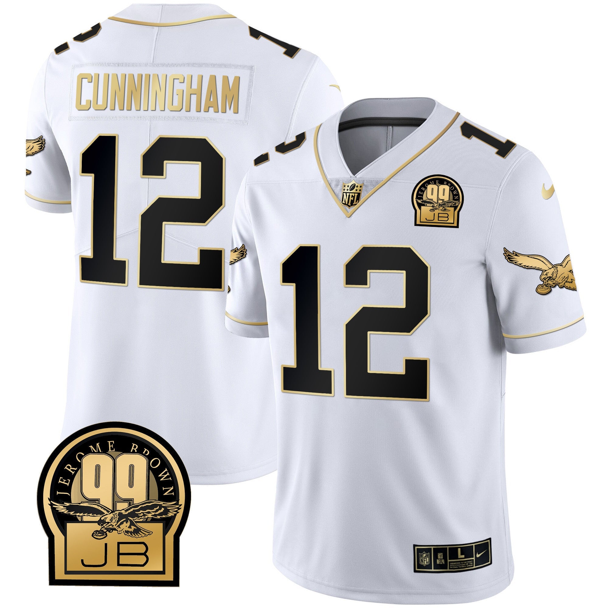 Eagles Jerome Brown Retired Patch Gold & Kelly Jersey – All Stitched – White Gold – Randall Cunningham Jersey