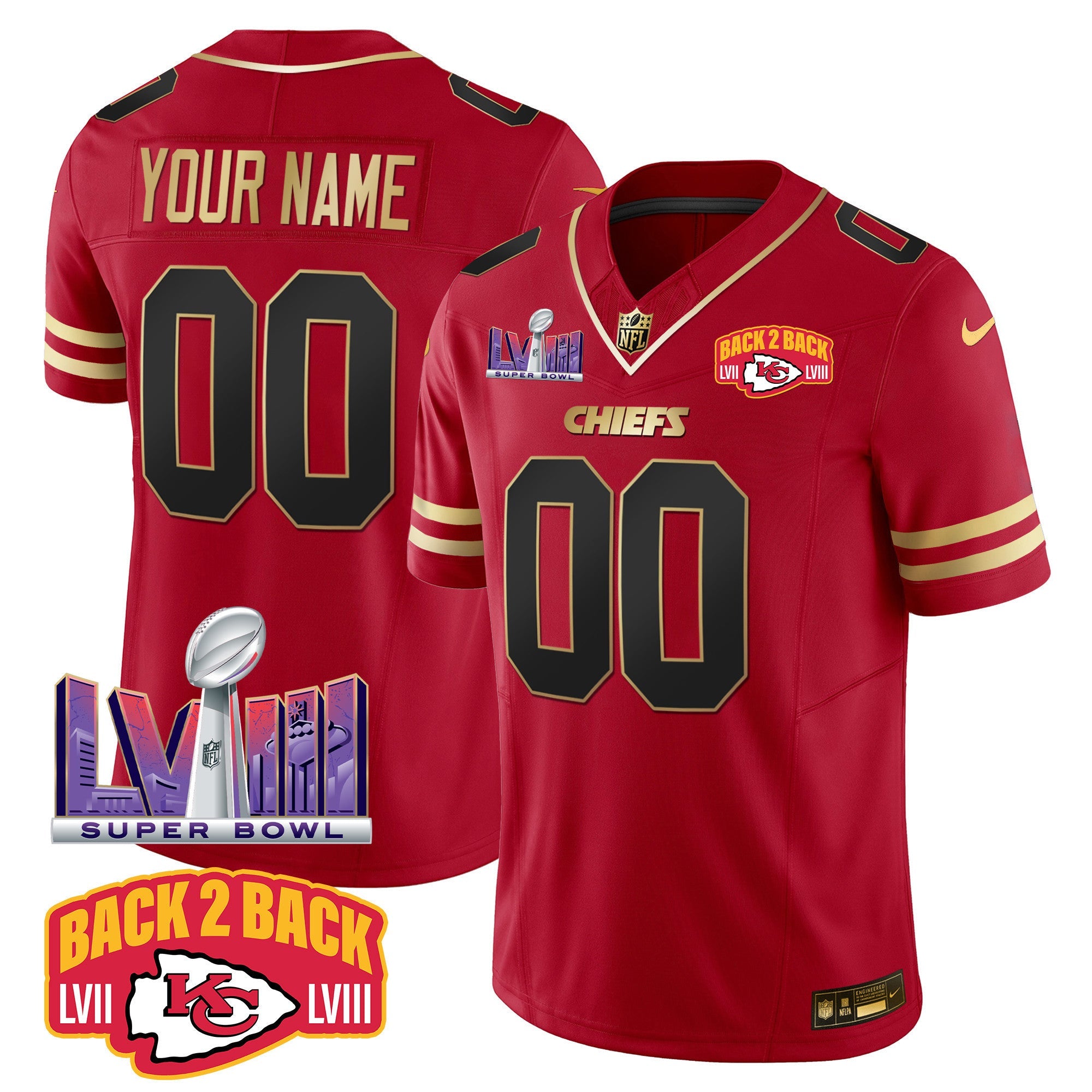 Chiefs Super Bowl LVIII & Back 2 Back Patch Vapor Custom Jersey – All Stitched – Black Red Jersey