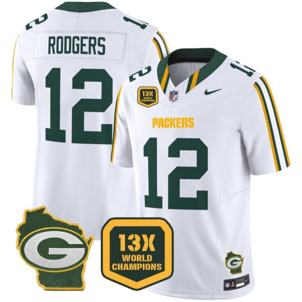 Packers 13 Time World Champions & Home Patch Vapor Limited Jersey – All Stitched – White – Aaron Rodgers Jersey