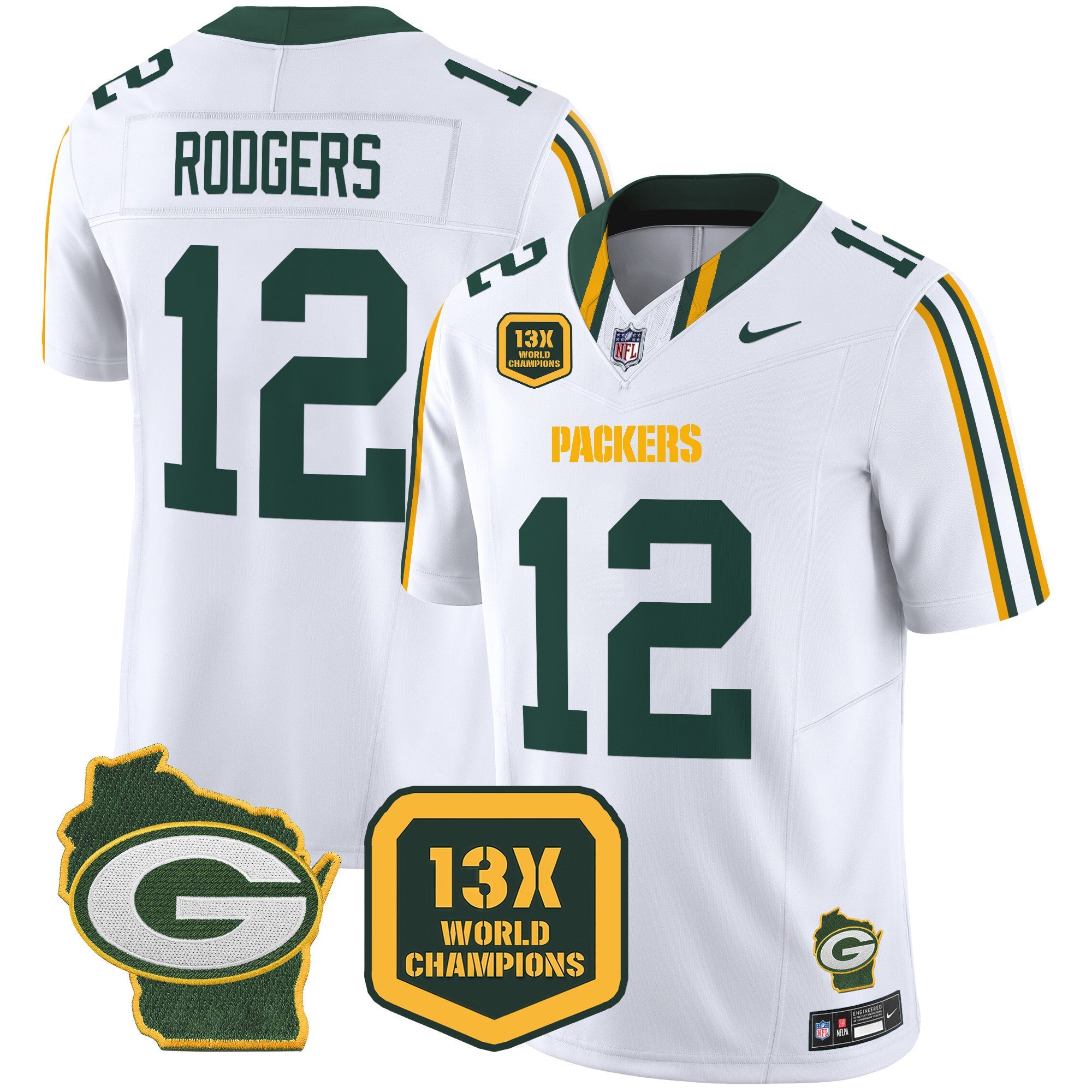Packers 13 Time World Champions & Home Patch Vapor Limited Jersey – All Stitched – White – Aaron Rodgers Jersey