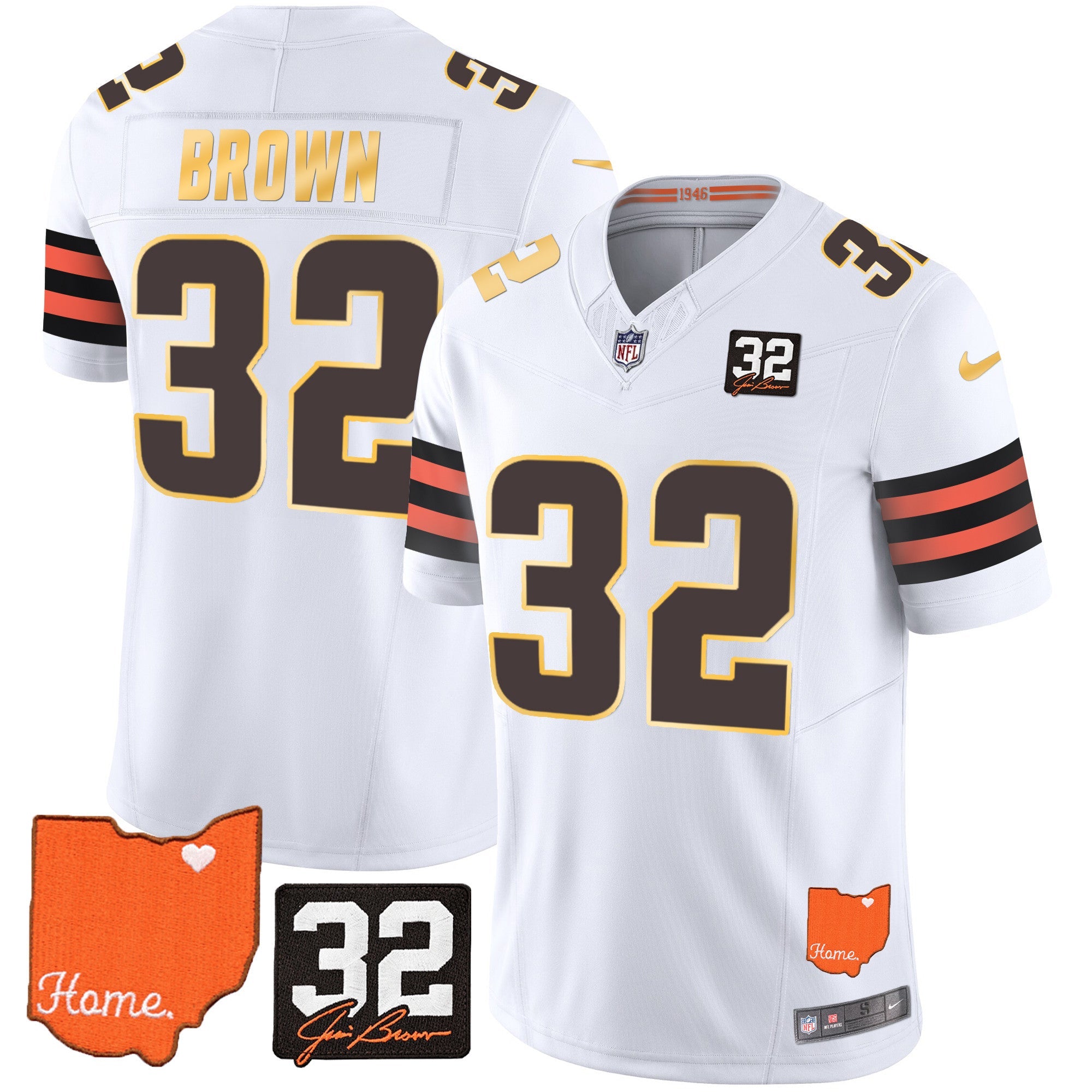 Browns #32 Jim Brown Memorial & Home Patch Gold Trim Jersey – All Stitched – White – Jim Brown Jersey