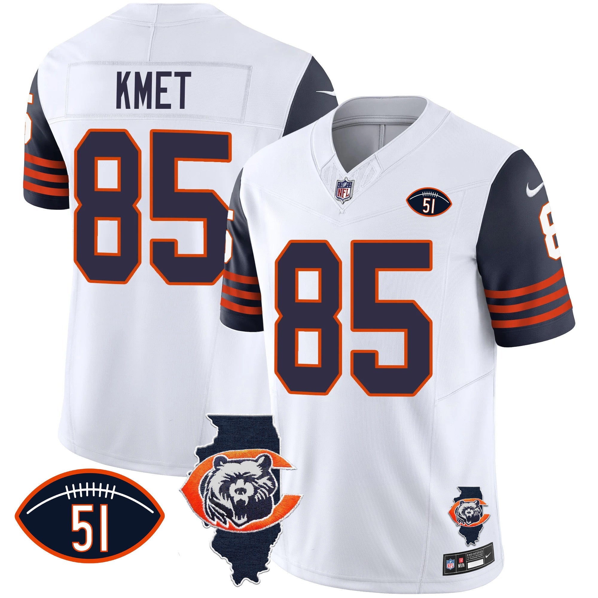 Bears Throwback Illinois Patch Vapor Jersey – All Stitched – Navy Sleeves – Cole Kmet Jersey