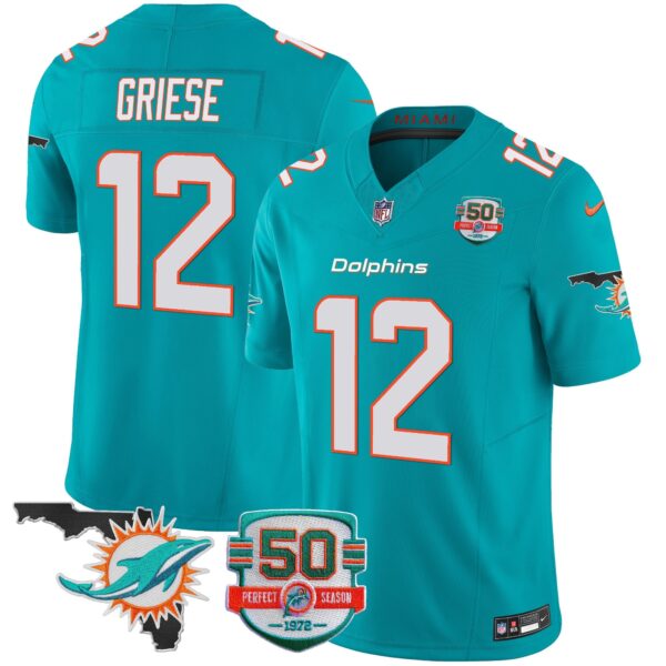 Dolphins 50th Perfect Season & Florida Patch Vapor Jersey – All Stitched – Aqua – Bob Griese Jersey