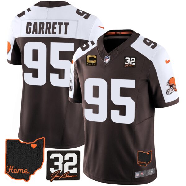 Browns #32 Jim Brown Memorial & Home Patch Jersey V3 – All Stitched – Alternate – Myles Garrett Jersey
