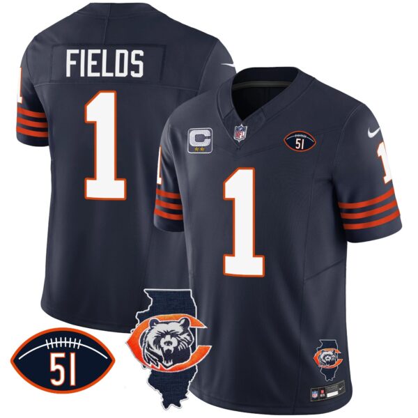 Bears Throwback Illinois Patch Vapor Jersey – All Stitched – Navy – Justin Fields Jersey