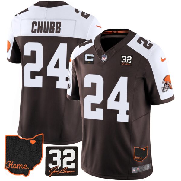 Browns #32 Jim Brown Memorial & Home Patch Jersey V3 – All Stitched – Alternate – Nick Chubb Jersey