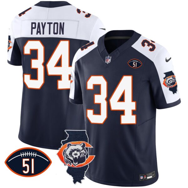 Bears Throwback Illinois Patch Vapor Jersey – All Stitched – Navy Alternate – Walter Payton Jersey