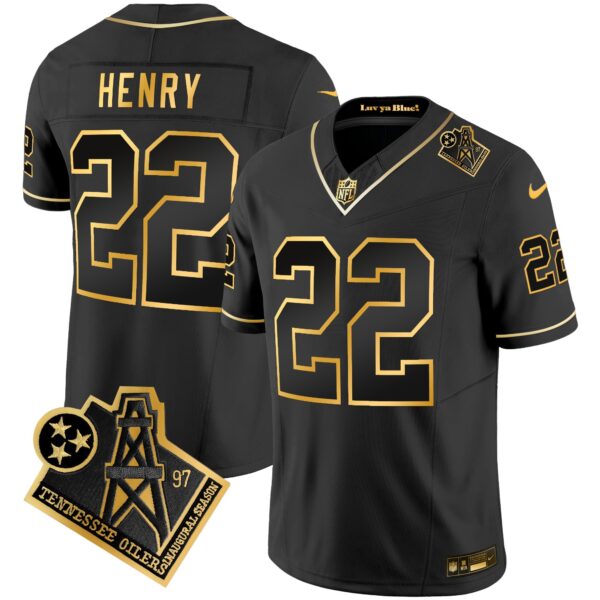 Titans 1997 Throwback Gold Vapor Jersey – All Stitched – Black Gold – Derrick Henry Jersey