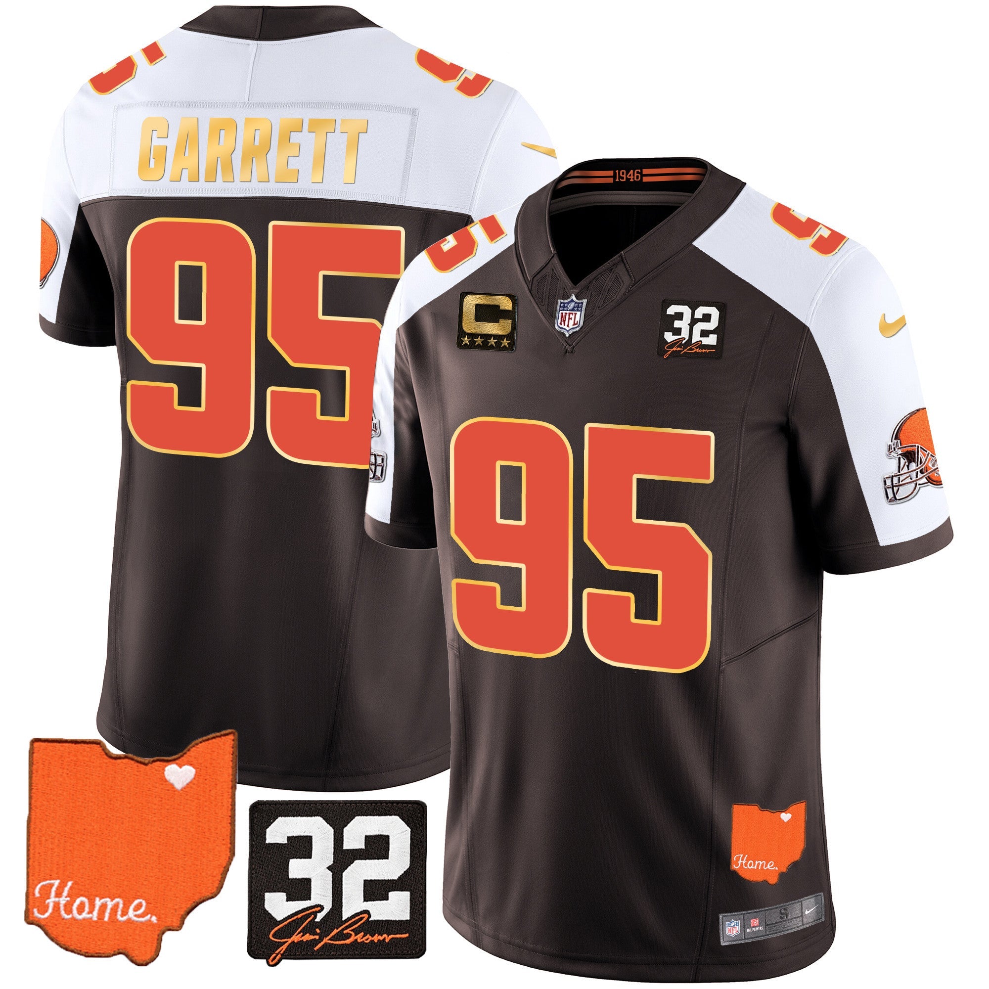 Browns #32 Jim Brown Memorial & Home Patch Gold Trim Jersey – All Stitched – Alternate – Myles Garrett Jersey
