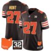 Browns #32 Jim Brown Memorial & Home Patch Gold Trim Jersey – All Stitched – Brown – Kareem Hunt Jersey