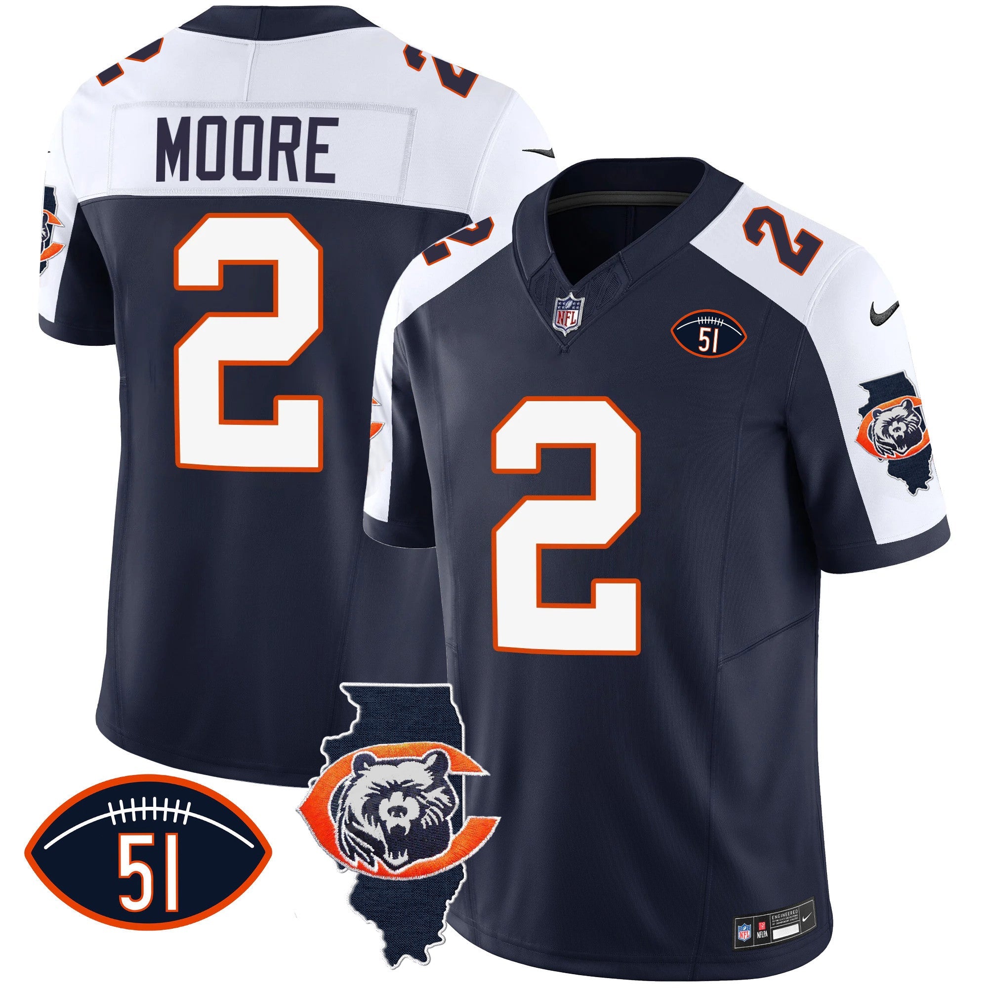 Bears Throwback Illinois Patch Vapor Jersey – All Stitched – Navy Alternate – D.J. Moore Jersey