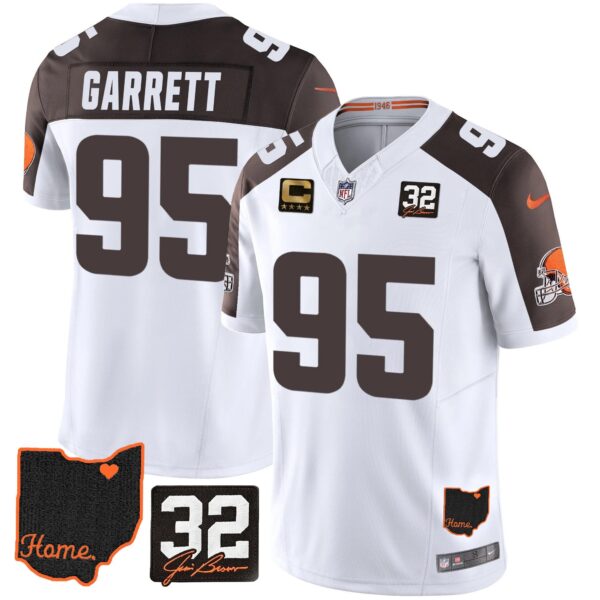 Browns #32 Jim Brown Memorial & Home Patch Jersey V3 – All Stitched – Inverted – Myles Garrett Jersey