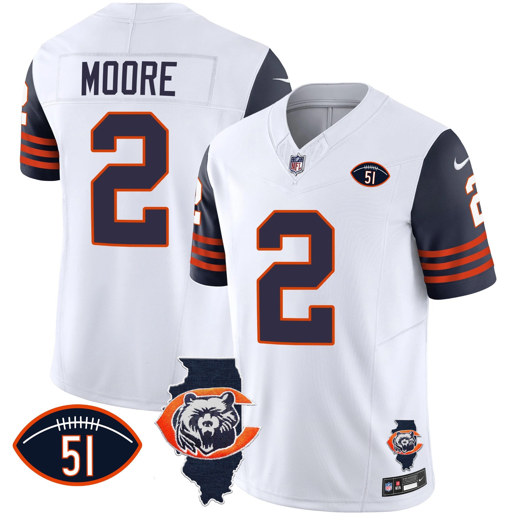 Bears Throwback Illinois Patch Vapor Jersey – All Stitched – Navy Sleeves – D.J. Moore Jersey