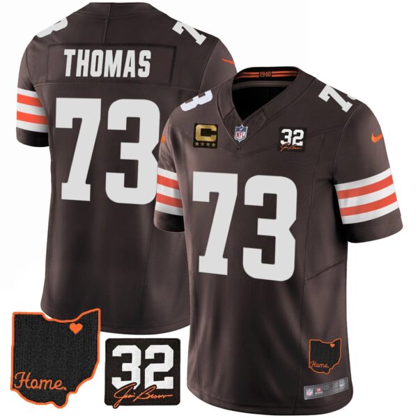 Browns #32 Jim Brown Memorial & Home Patch Jersey V3 – All Stitched – Brown – Joe Thomas Jersey