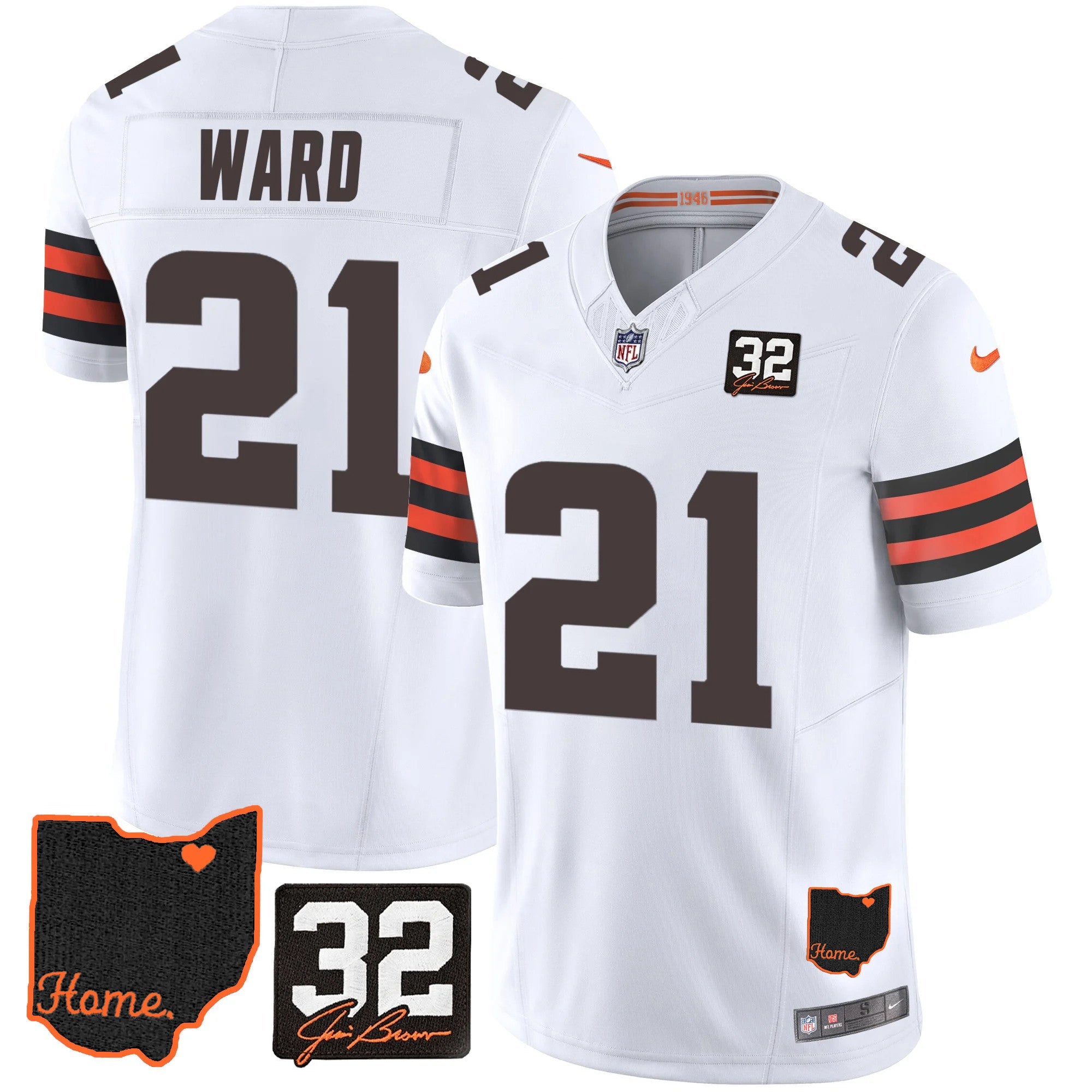 Browns #32 Jim Brown Memorial & Home Patch Jersey V3 – All Stitched – White – Denzel Ward Jersey