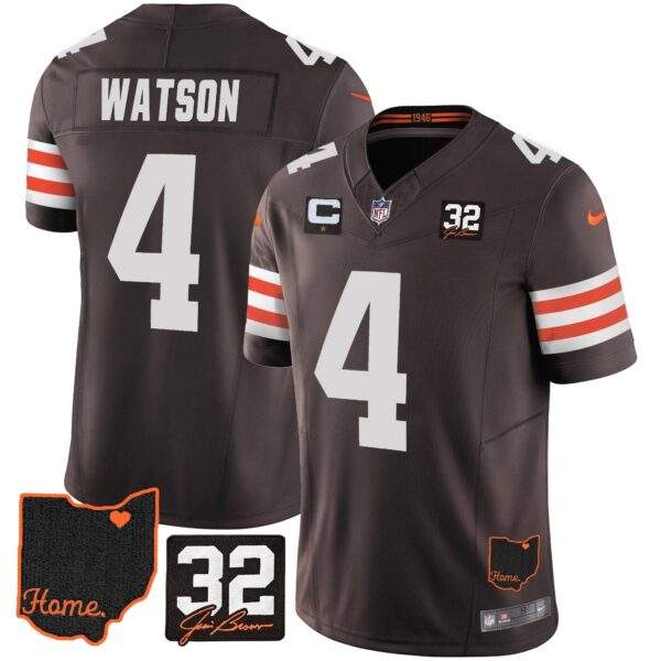 Browns #32 Jim Brown Memorial & Home Patch Jersey V3 – All Stitched – Brown – Deshaun Watson Jersey