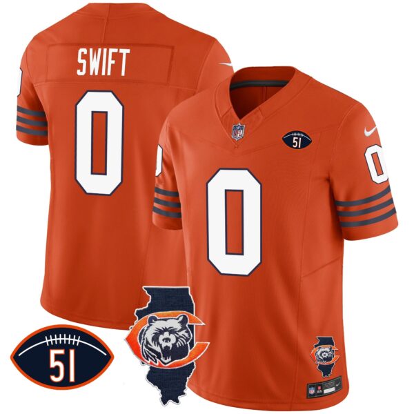Bears Throwback Illinois Patch Vapor Jersey – All Stitched – Orange – D’Andre Swift Jersey