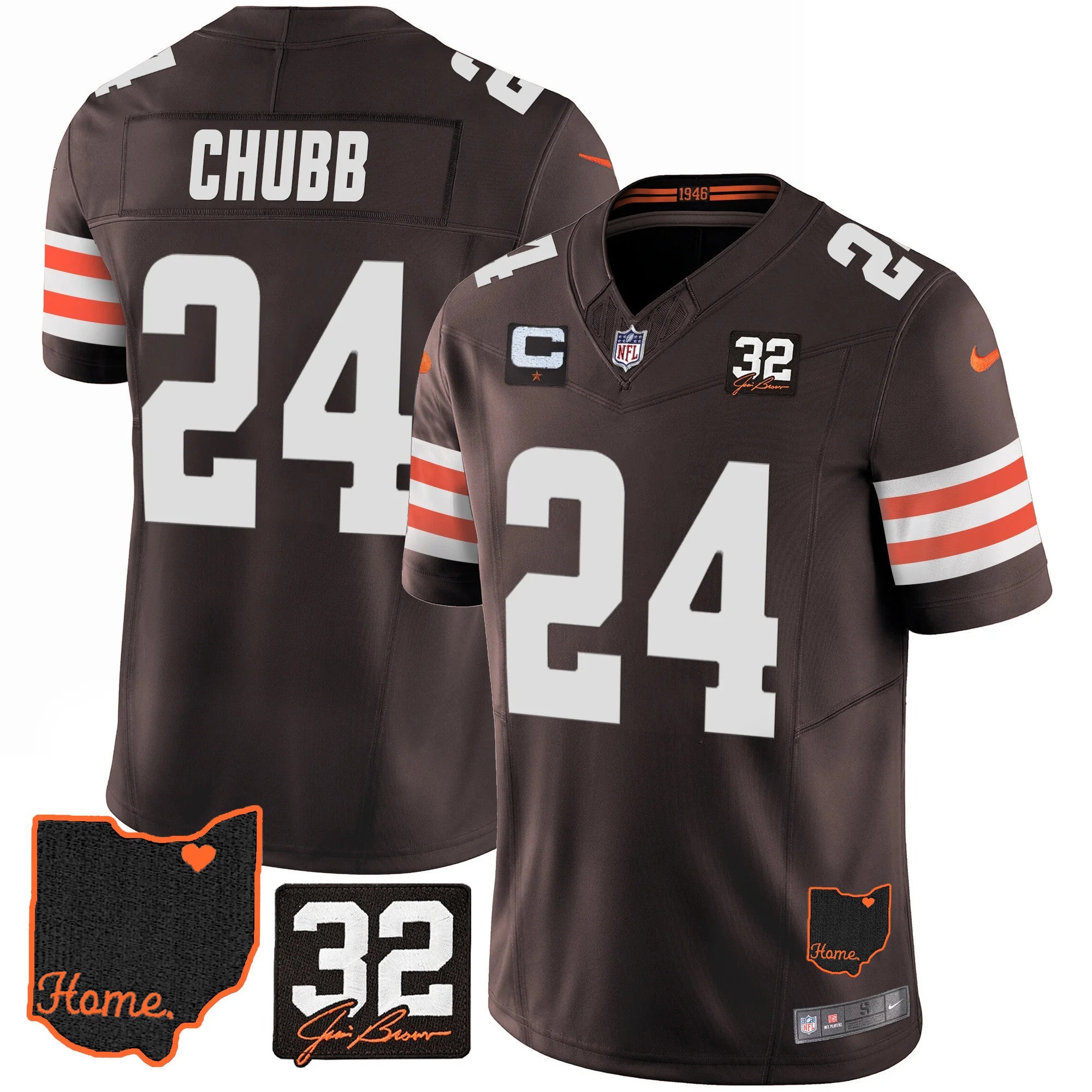 Browns #32 Jim Brown Memorial & Home Patch Jersey V3 – All Stitched – Brown – Nick Chubb Jersey