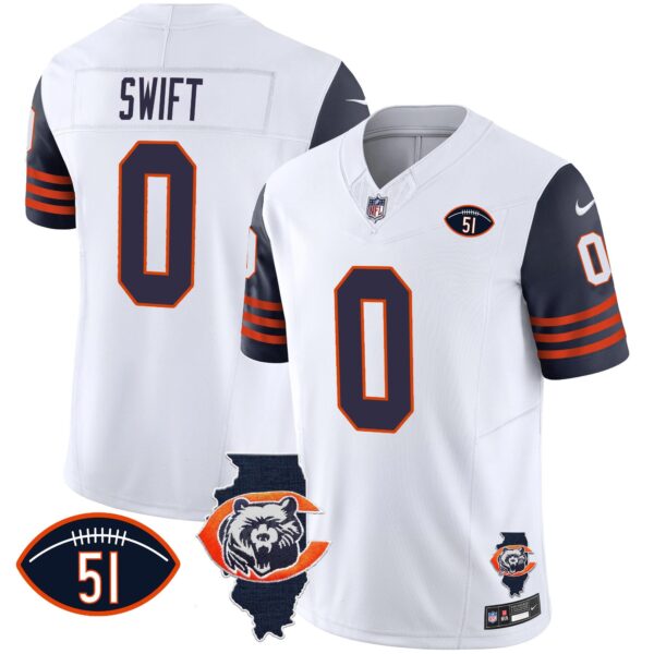 Bears Throwback Illinois Patch Vapor Jersey – All Stitched – Navy Sleeves – D’Andre Swift Jersey