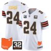 Browns #32 Jim Brown Memorial & Home Patch Gold Trim Jersey – All Stitched – White – Nick Chubb Jersey