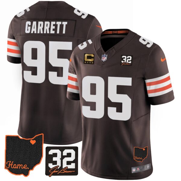 Browns #32 Jim Brown Memorial & Home Patch Jersey V3 – All Stitched – Brown – Myles Garrett Jersey