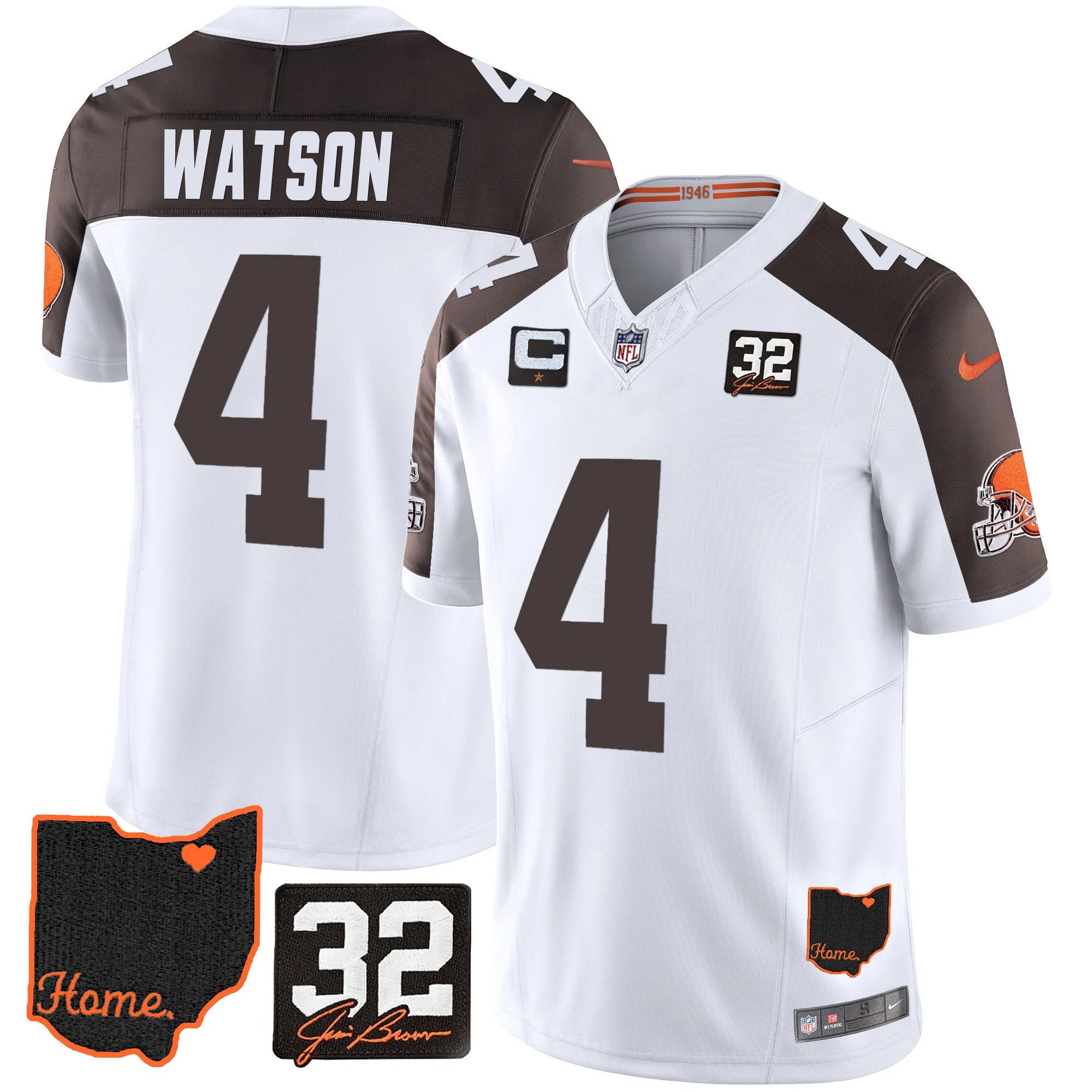 Browns #32 Jim Brown Memorial & Home Patch Jersey V3 – All Stitched – Inverted – Deshaun Watson Jersey