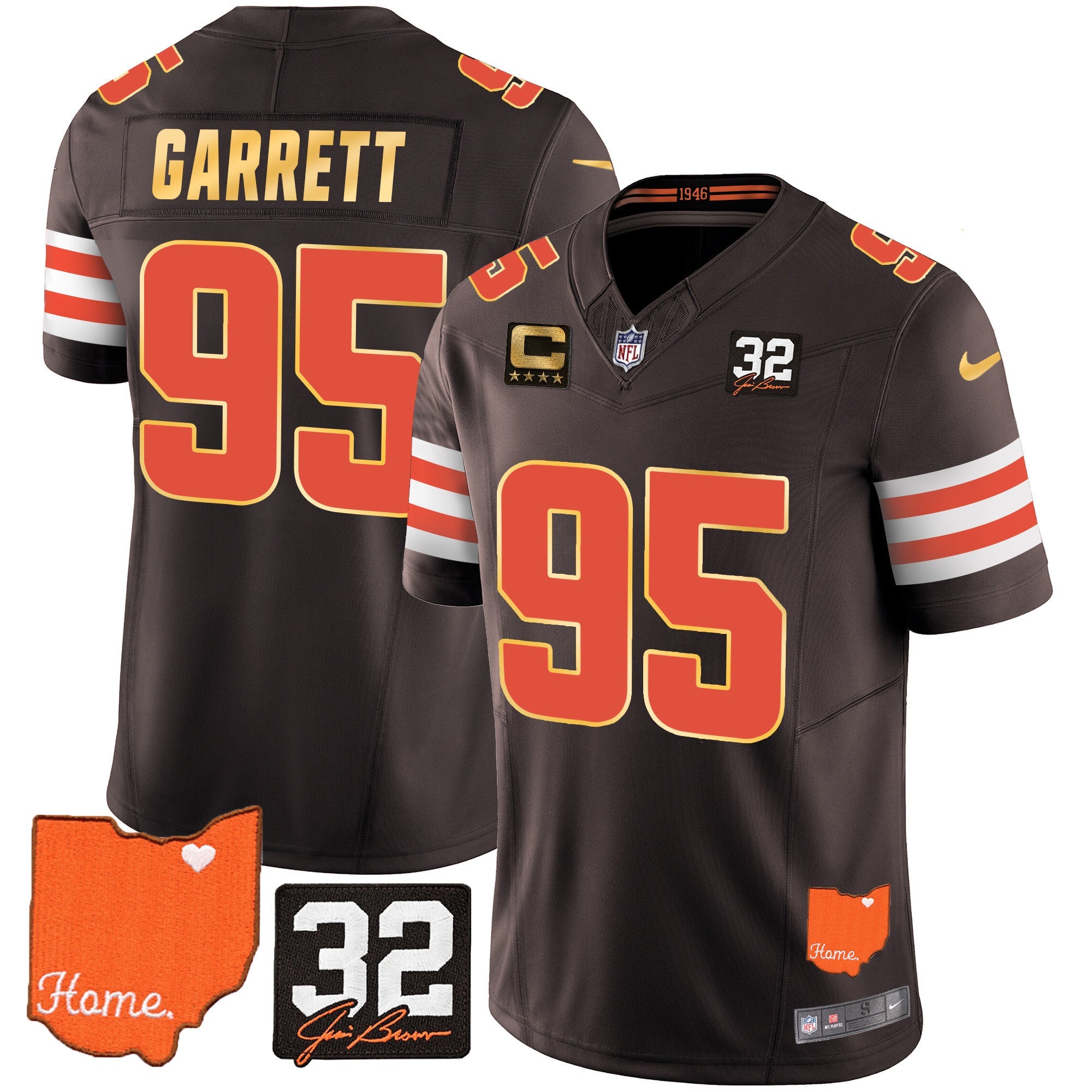 Browns #32 Jim Brown Memorial & Home Patch Gold Trim Jersey – All Stitched – Brown – Myles Garrett Jersey