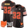 Browns #32 Jim Brown Memorial & Home Patch Gold Trim Jersey – All Stitched – Brown – Jim Brown Jersey