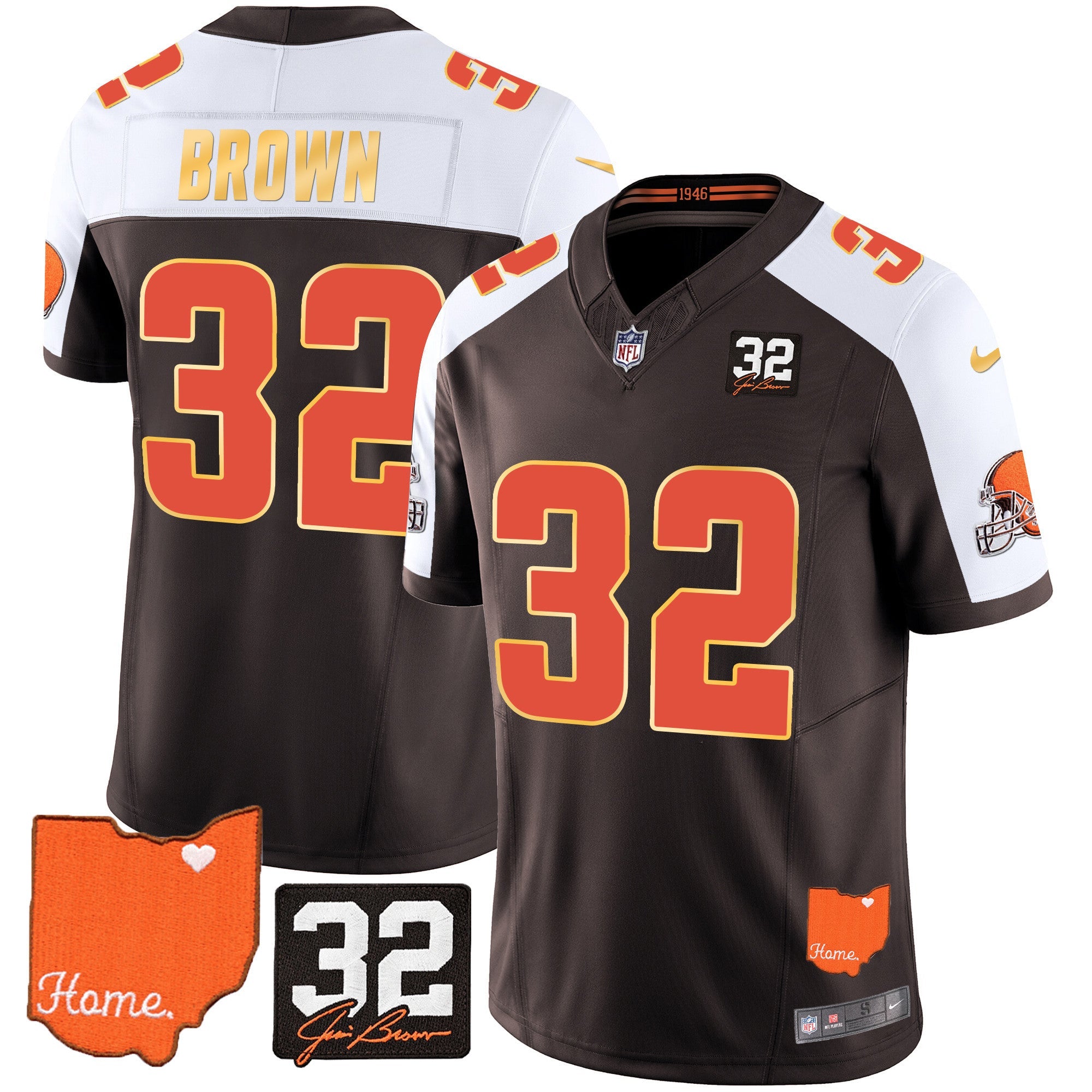 Browns #32 Jim Brown Memorial & Home Patch Gold Trim Jersey – All Stitched – Alternate – Jim Brown Jersey