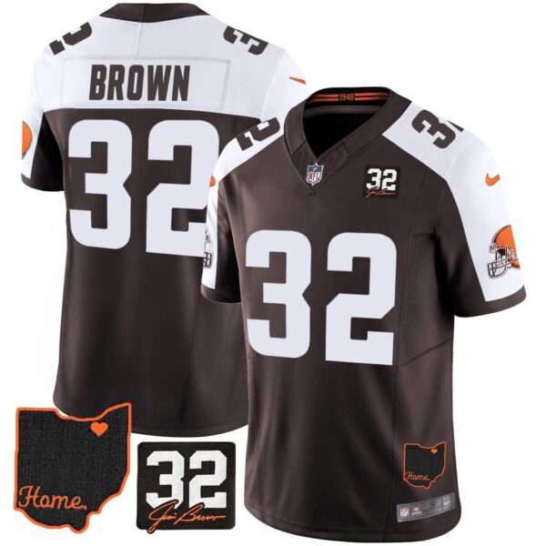Browns #32 Jim Brown Memorial & Home Patch Jersey V3 – All Stitched – Alternate – Jim Brown Jersey