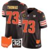 Browns #32 Jim Brown Memorial & Home Patch Gold Trim Jersey – All Stitched – Brown – Joe Thomas Jersey