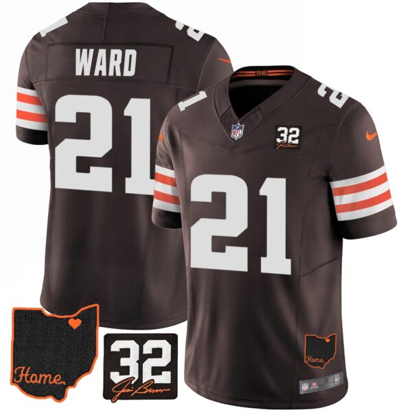 Browns #32 Jim Brown Memorial & Home Patch Jersey V3 – All Stitched – Brown – Denzel Ward Jersey