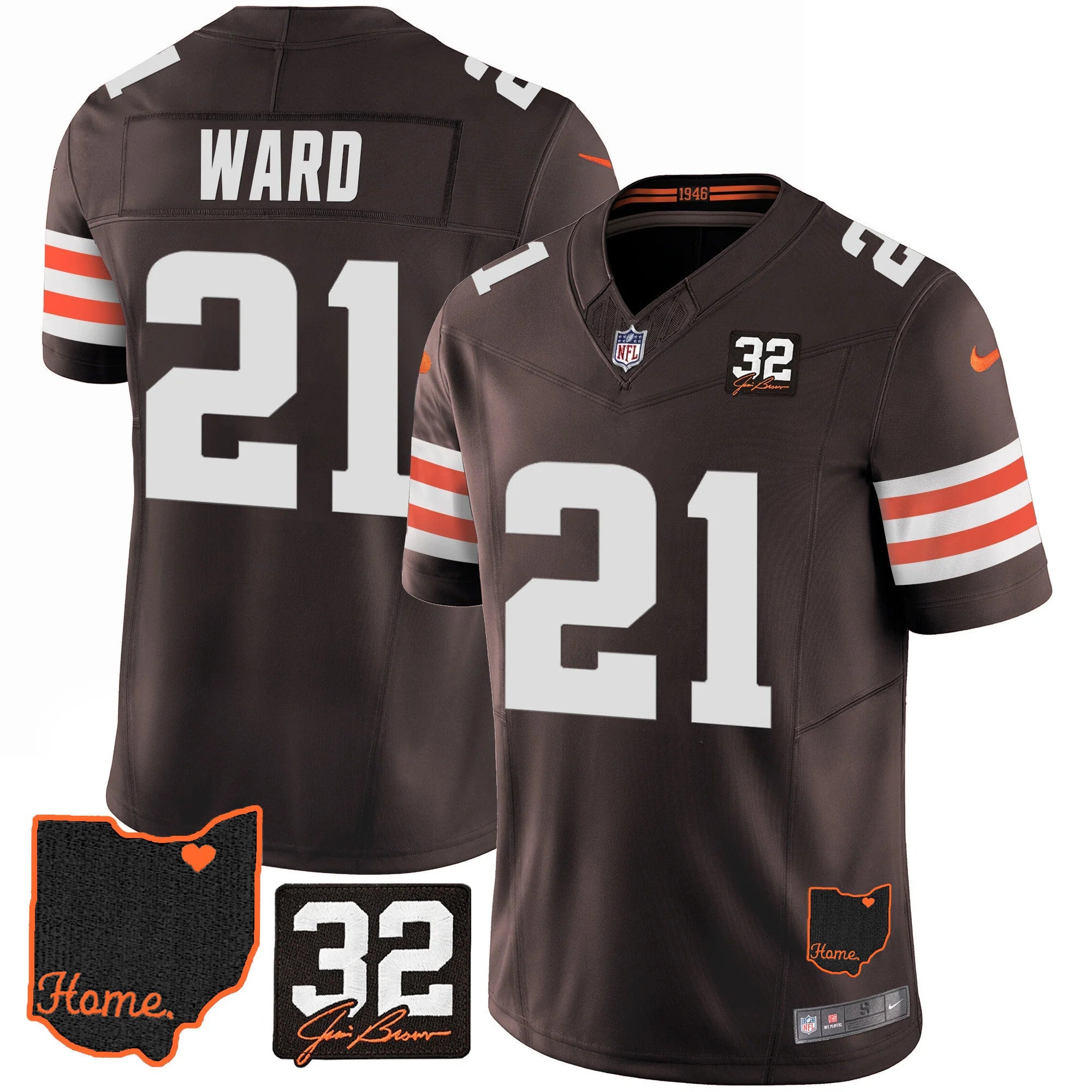 Browns #32 Jim Brown Memorial & Home Patch Jersey V3 – All Stitched – Brown – Denzel Ward Jersey