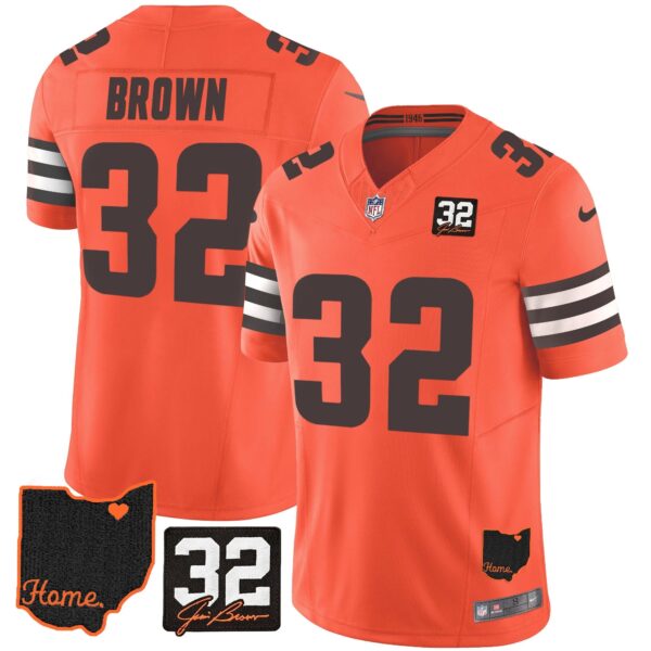 Browns #32 Jim Brown Memorial & Home Patch Jersey V3 – All Stitched – Orange – Jim Brown Jersey