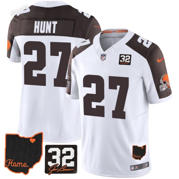 Browns #32 Jim Brown Memorial & Home Patch Jersey V3 – All Stitched – Inverted – Kareem Hunt Jersey