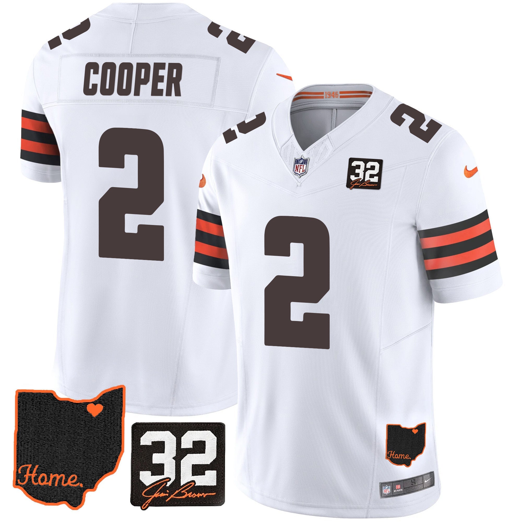 Browns #32 Jim Brown Memorial & Home Patch Jersey V3 – All Stitched – White – Amari Cooper Jersey