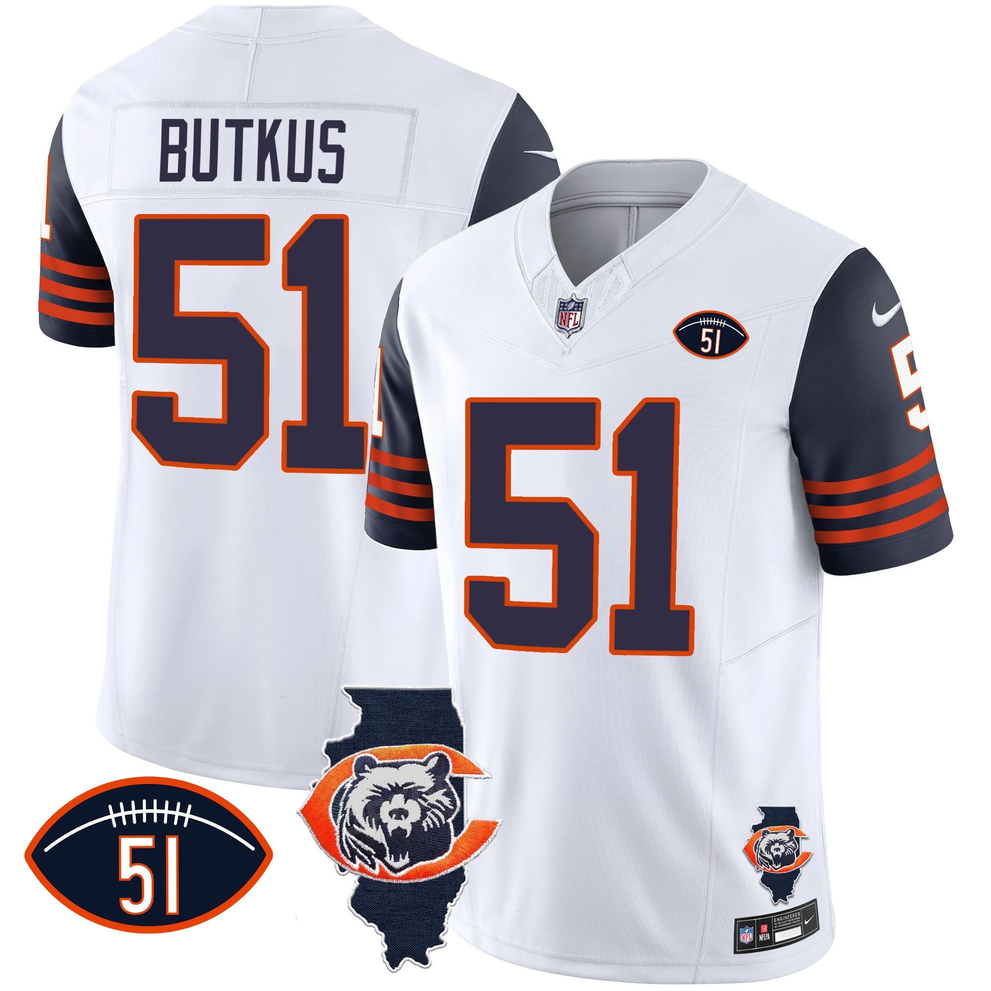 Bears Throwback Illinois Patch Vapor Jersey – All Stitched – Navy Sleeves – Dick Butkus Jersey