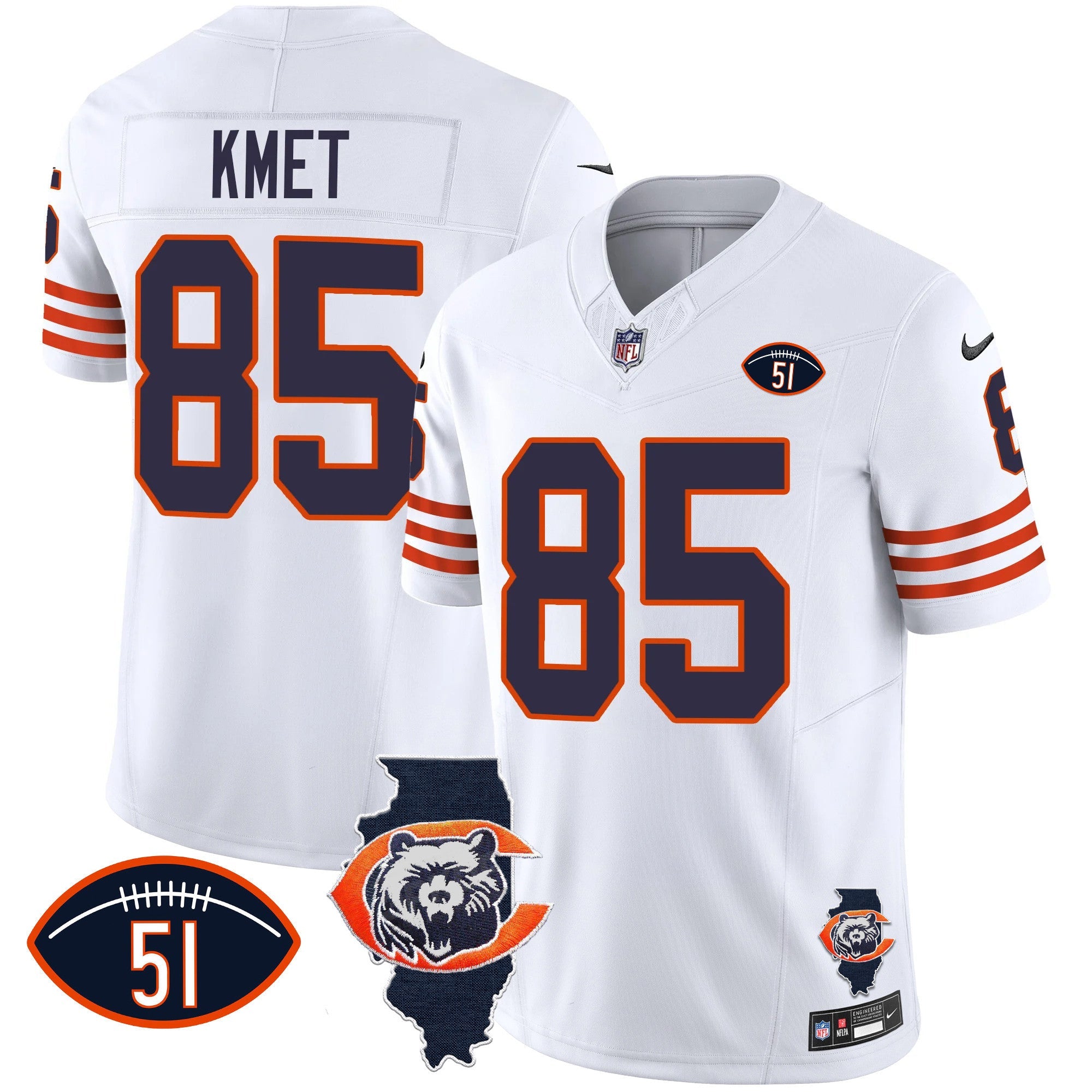 Bears Throwback Illinois Patch Vapor Jersey – All Stitched – White – Cole Kmet Jersey