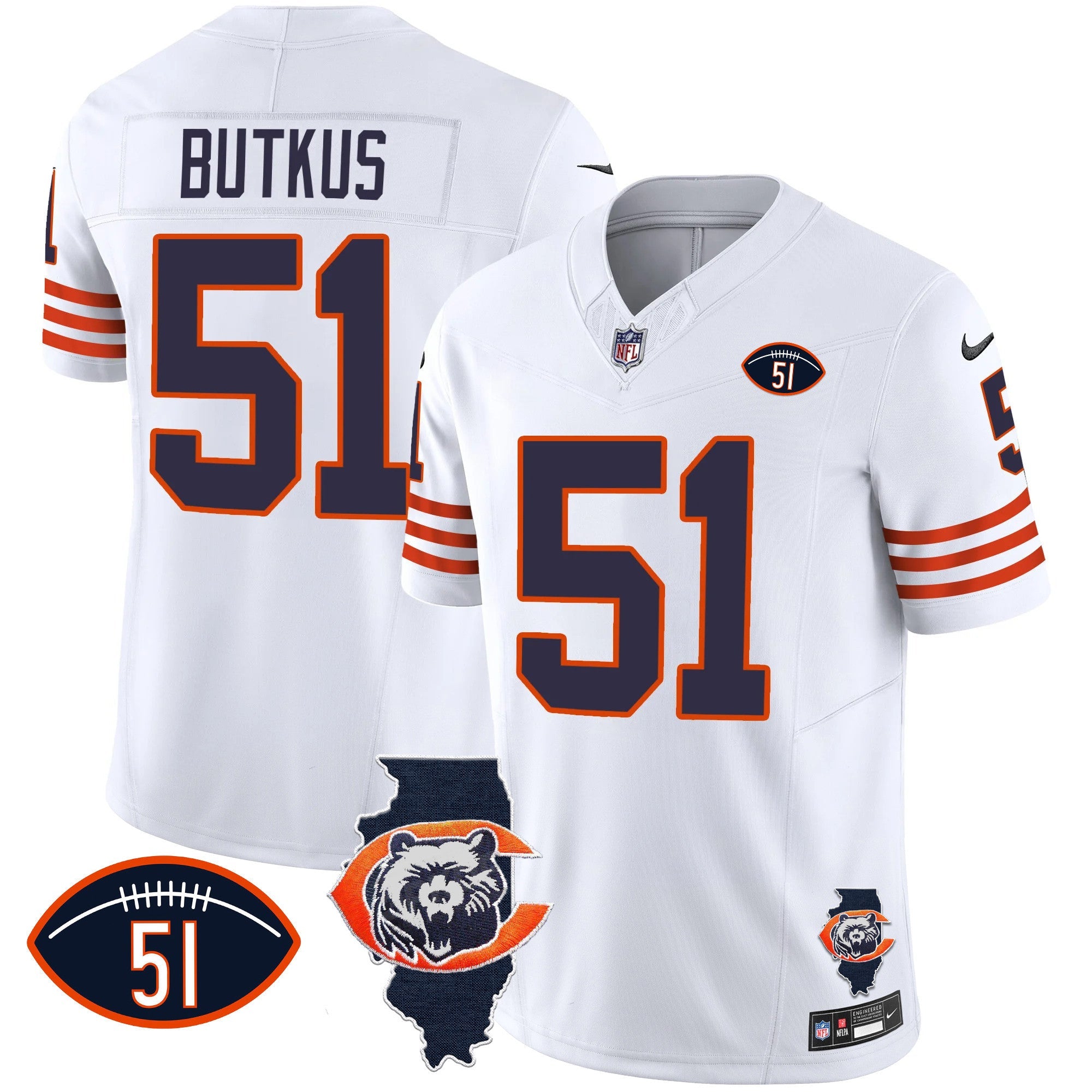 Bears Throwback Illinois Patch Vapor Jersey – All Stitched – White – Dick Butkus Jersey