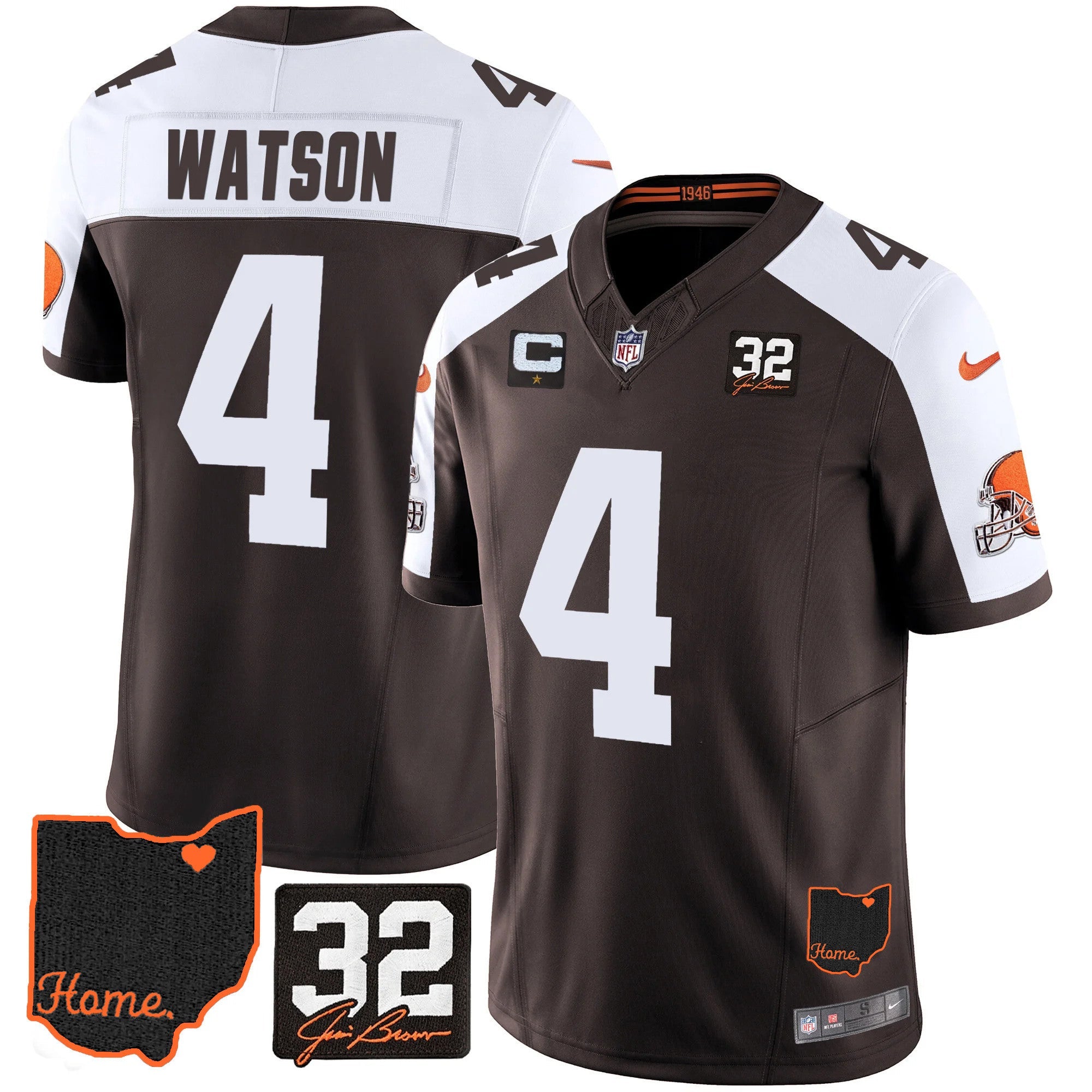 Browns #32 Jim Brown Memorial & Home Patch Jersey V3 – All Stitched – Alternate – Deshaun Watson Jersey