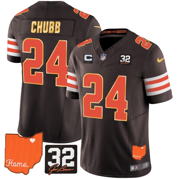 Browns #32 Jim Brown Memorial & Home Patch Gold Trim Jersey – All Stitched – Brown – Nick Chubb Jersey