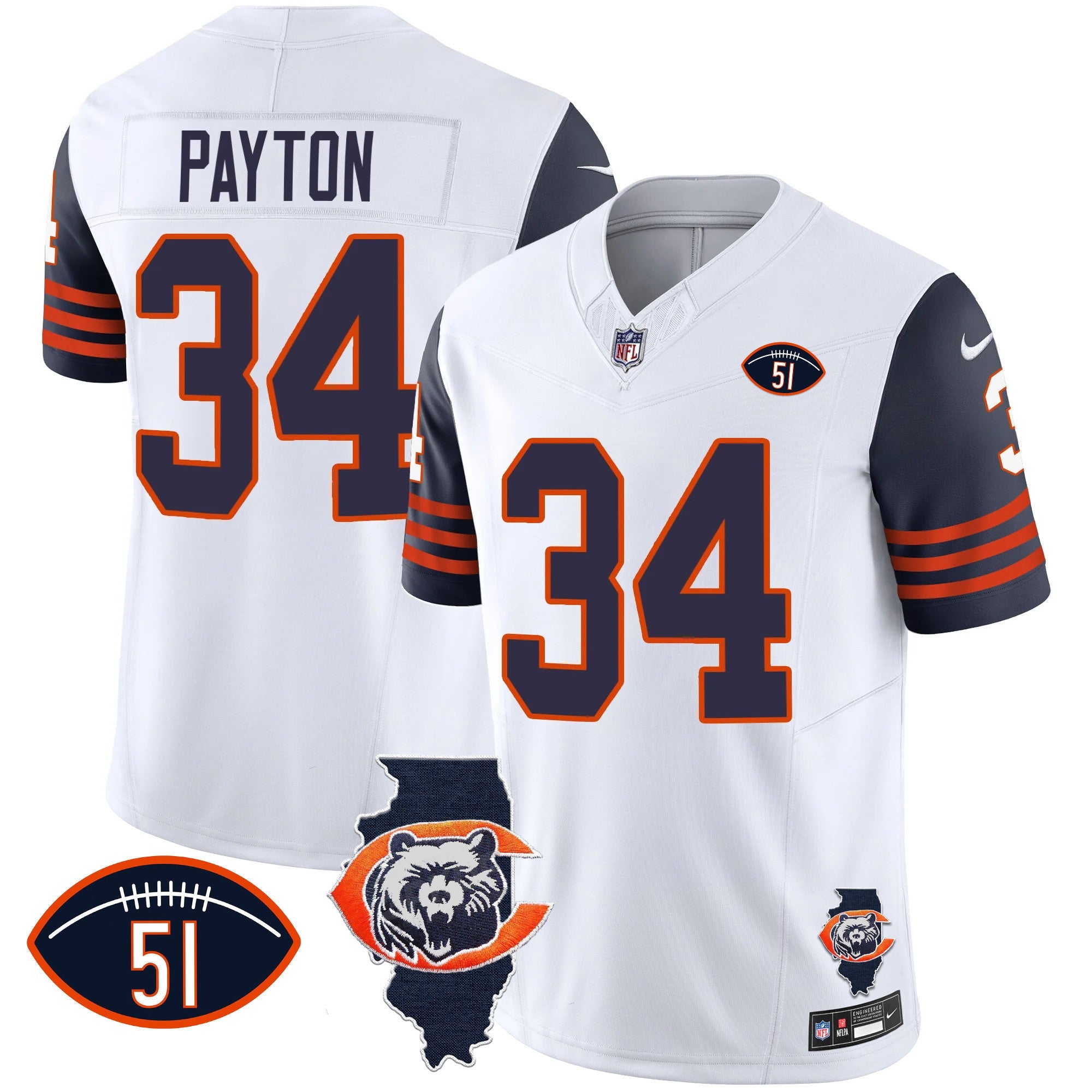 Bears Throwback Illinois Patch Vapor Jersey – All Stitched – Navy Sleeves – Walter Payton Jersey