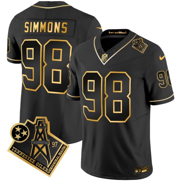Titans 1997 Throwback Gold Vapor Jersey – All Stitched – Black Gold – Jeffery Simmons Jersey