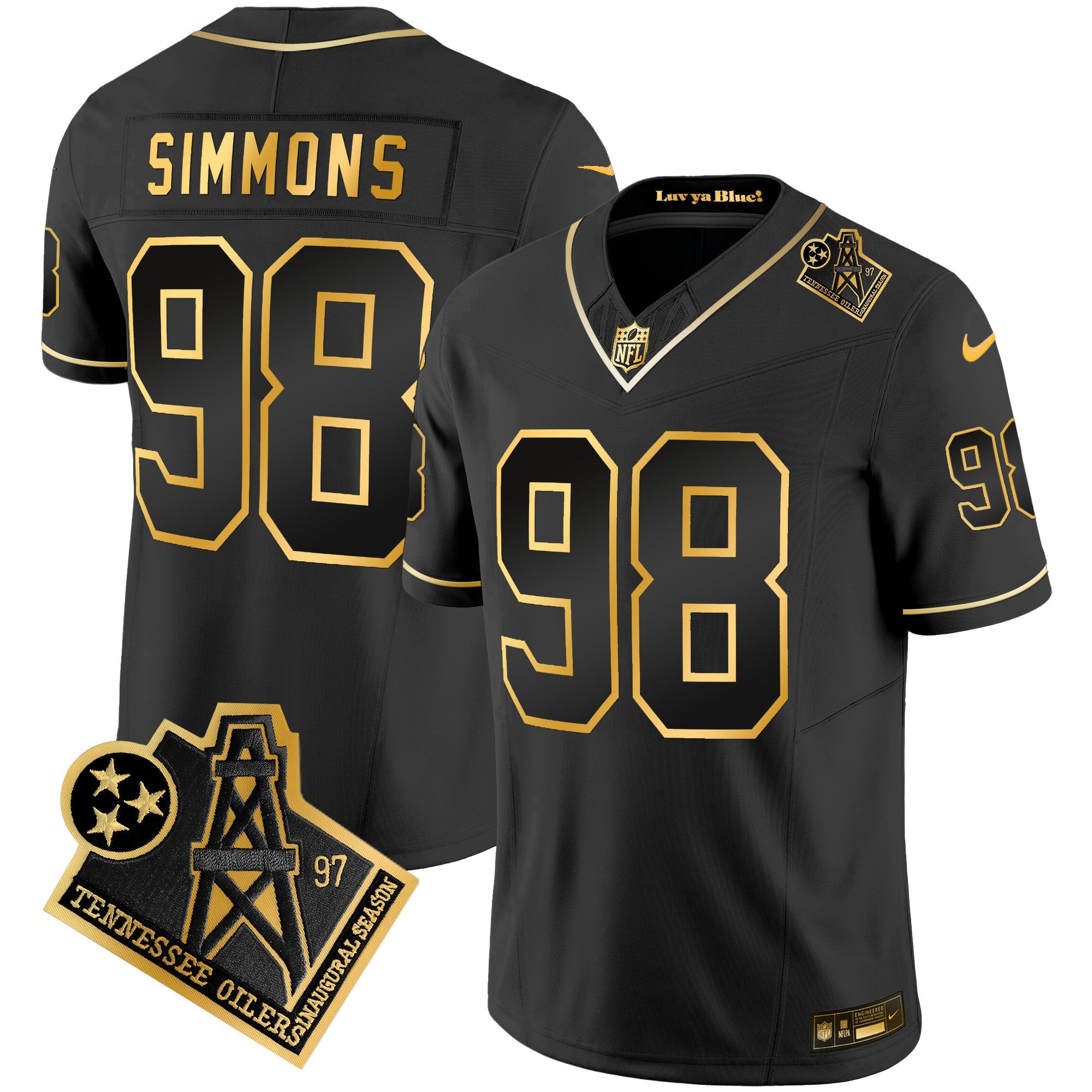 Titans 1997 Throwback Gold Vapor Jersey – All Stitched – Black Gold – Jeffery Simmons Jersey