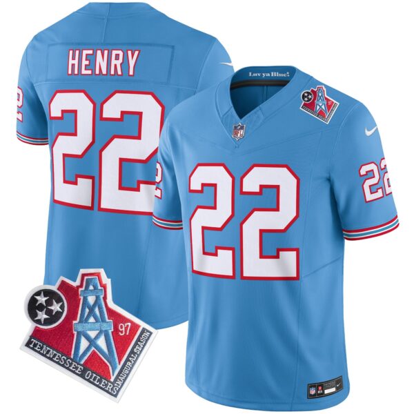 Titans 1997 Throwback Limited Vapor Jersey V2 – All Stitched – Light Blue – Derrick Henry Jersey