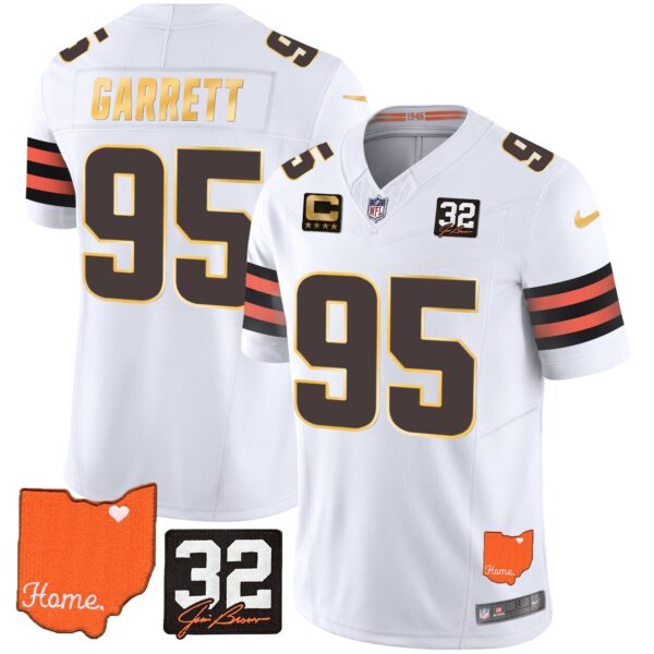 Browns #32 Jim Brown Memorial & Home Patch Gold Trim Jersey – All Stitched – White – Myles Garrett Jersey