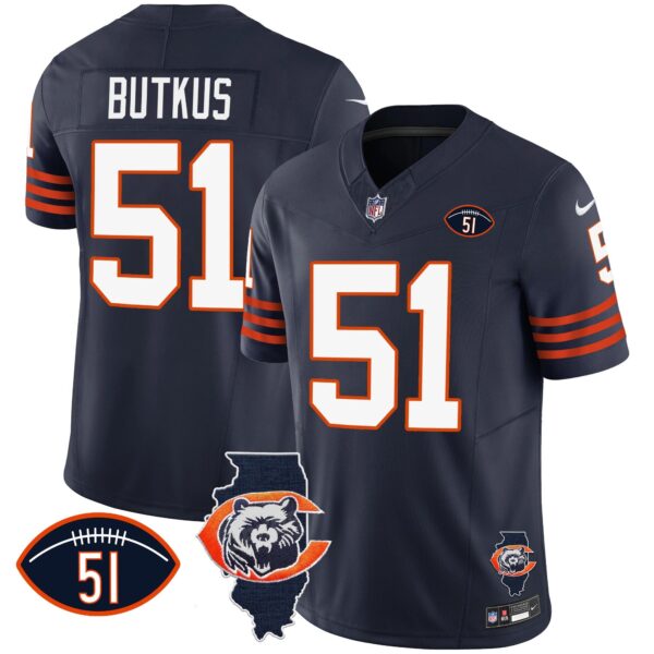 Bears Throwback Illinois Patch Vapor Jersey – All Stitched – Navy – Dick Butkus Jersey
