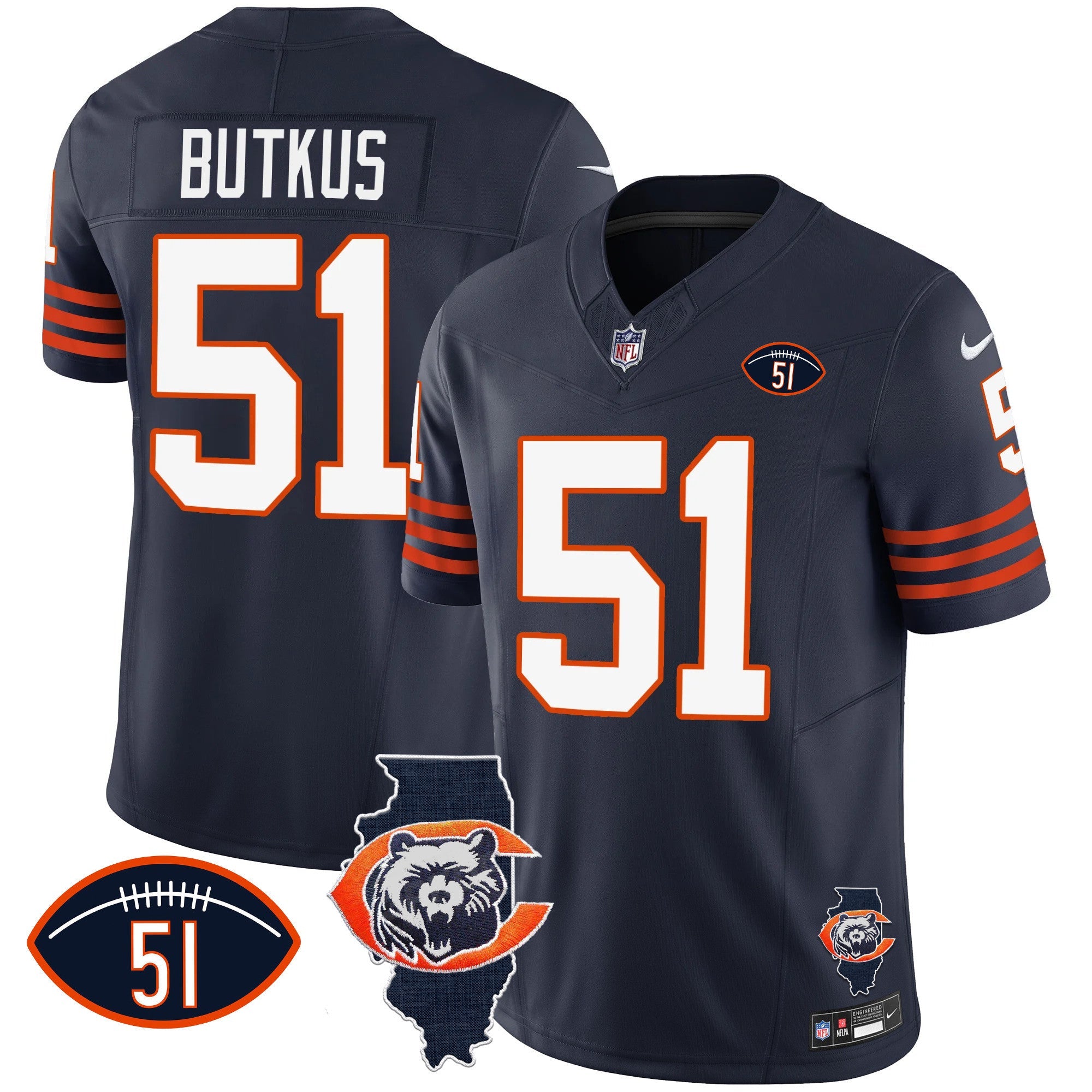 Bears Throwback Illinois Patch Vapor Jersey – All Stitched – Navy – Dick Butkus Jersey