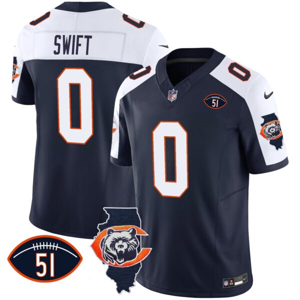 Bears Throwback Illinois Patch Vapor Jersey – All Stitched – Navy Alternate – D’Andre Swift Jersey